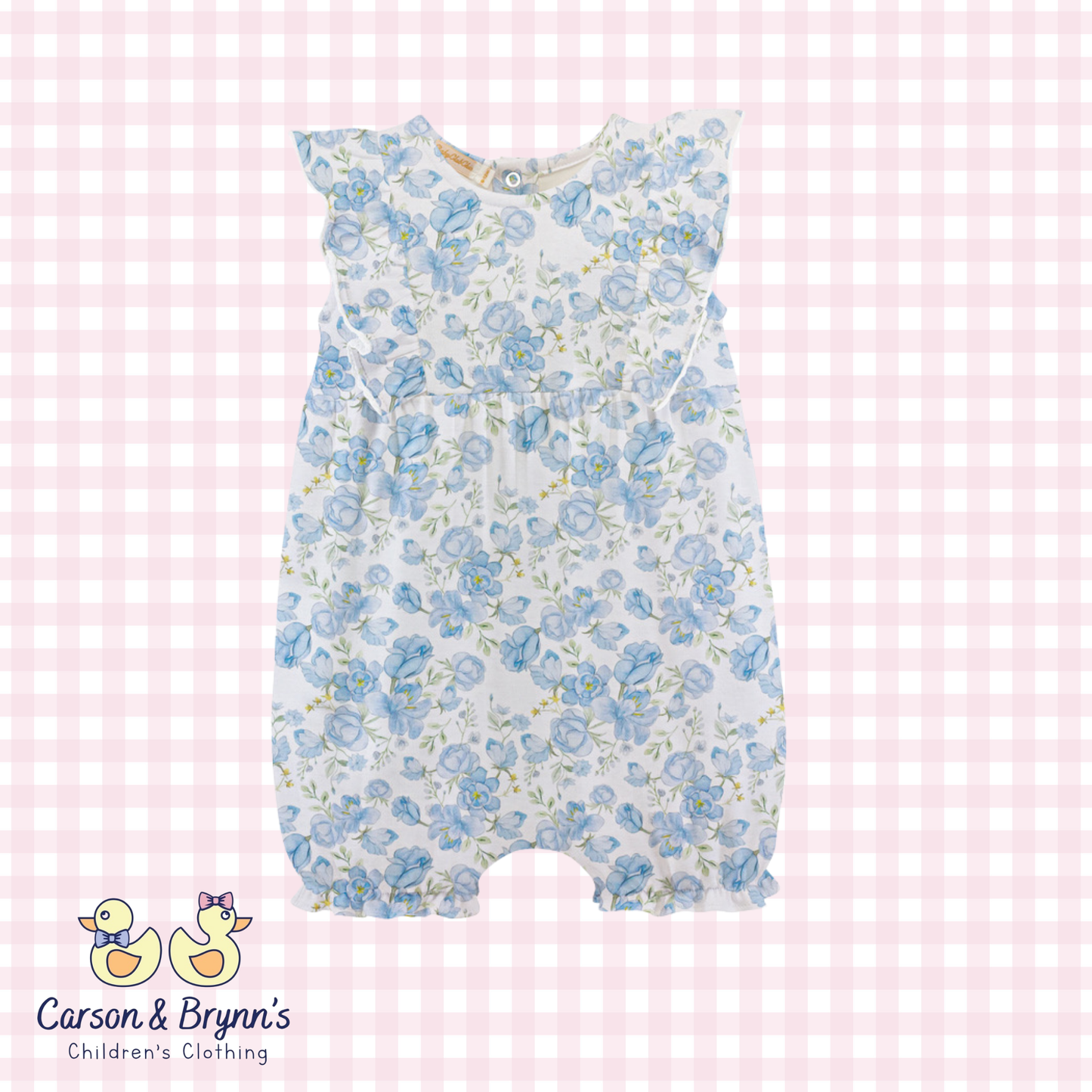 Baby Club Chic Spring in Blue Printed Romper with Ruffles