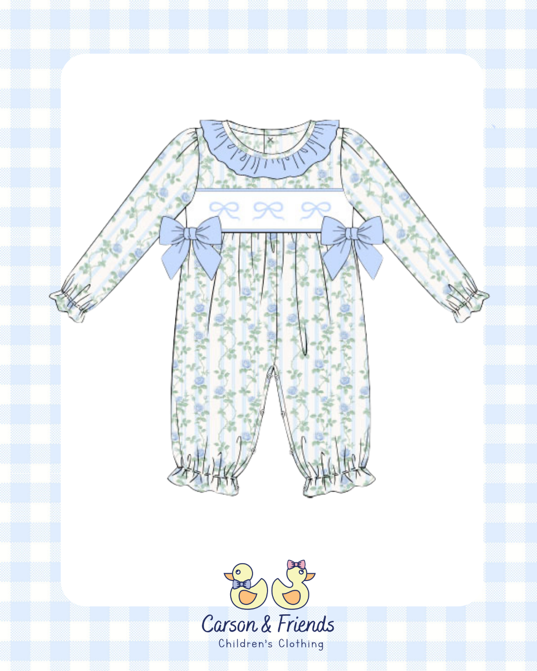 PRESALE ETA NOVEMBER- Carson and Friends Blue Bows Smocked Romper