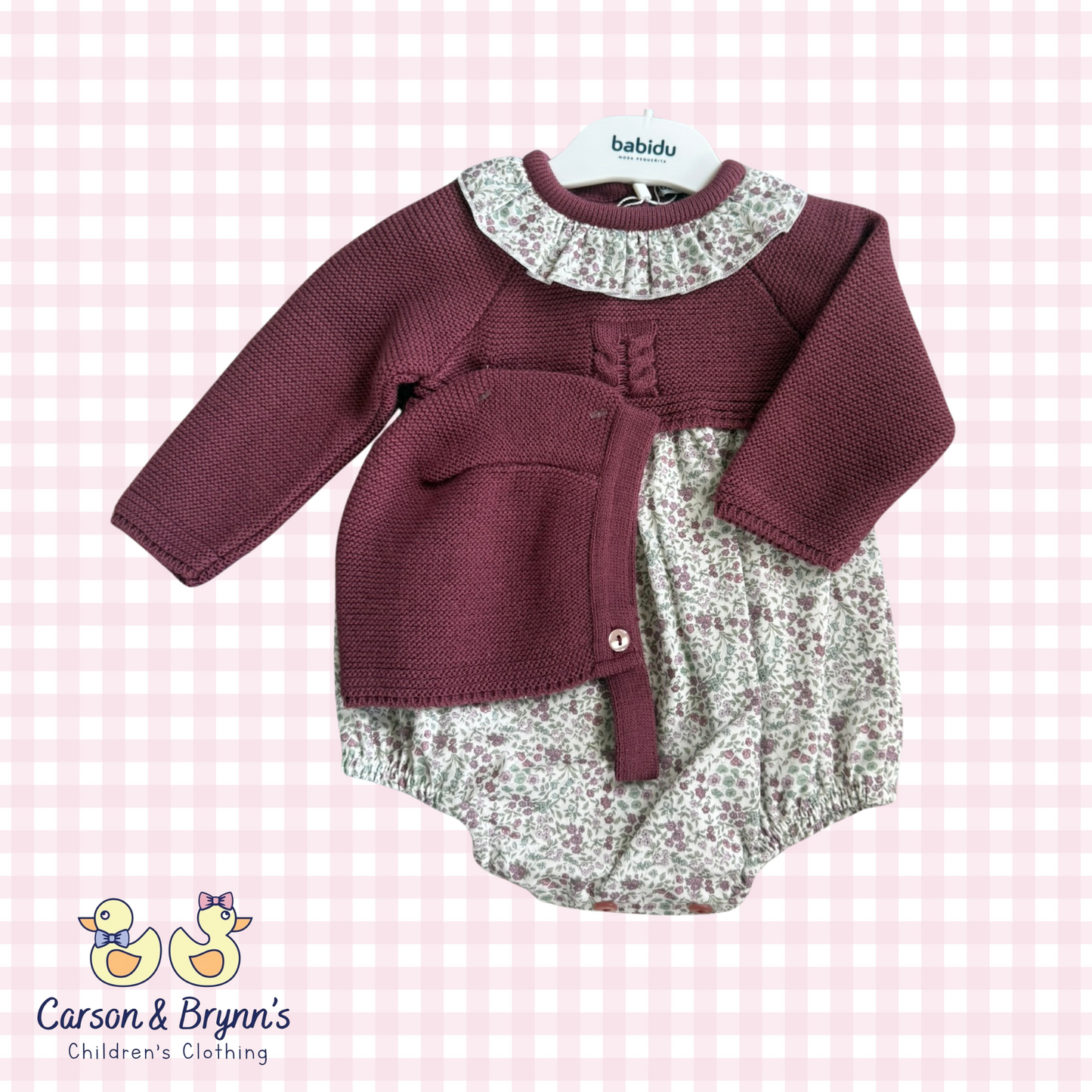 Babidu Floral Bubble and Bonnet Set- Burgandy