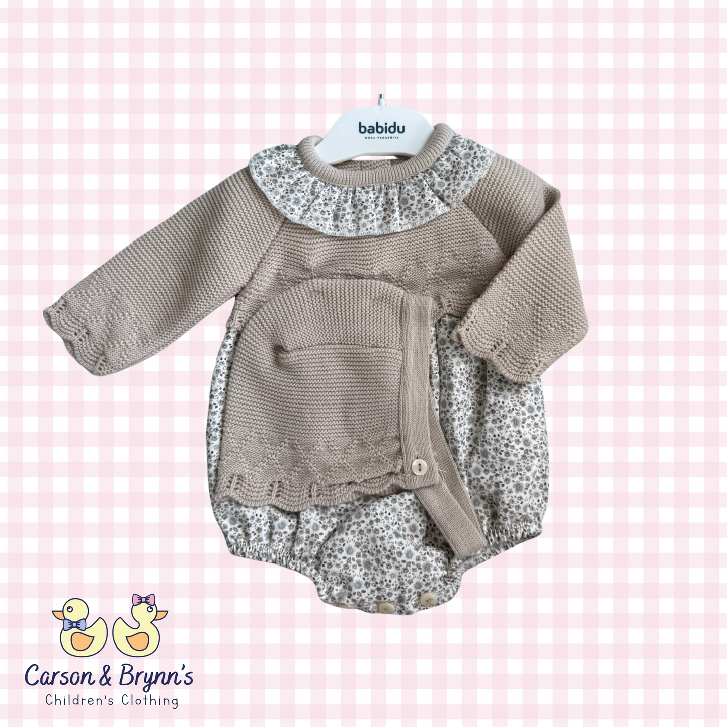 Babidu Floral Bubble and Bonnet Set- Beige