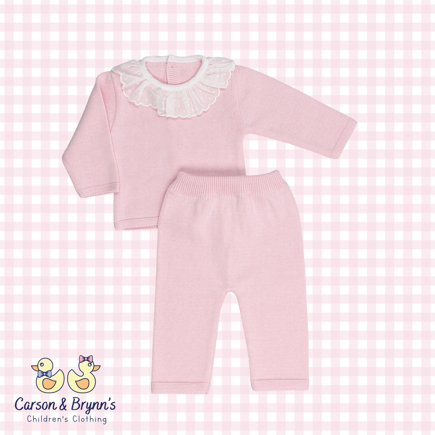 Cotton Knitted Sweater Set with Ruffle Collar- Pink