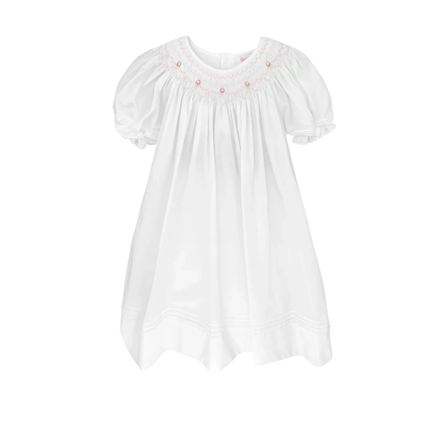 Petit Ami Daygown with Smocking and Pearls- White