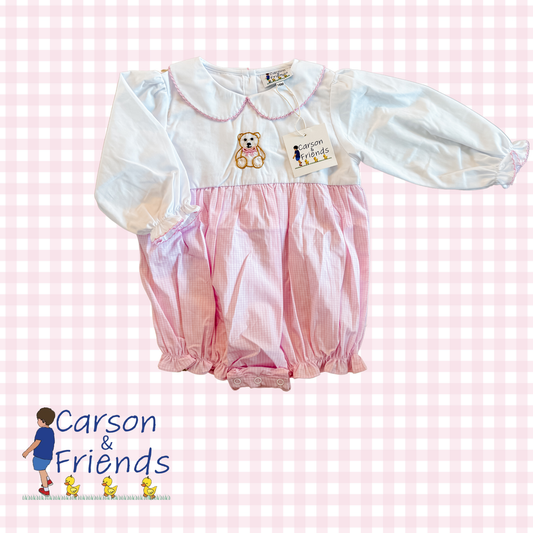 Carson and Friends Hand Embroidered Teddy Bear Bubble- Pink