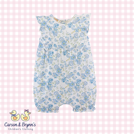 Baby Club Chic Spring in Blue Printed Romper with Ruffles
