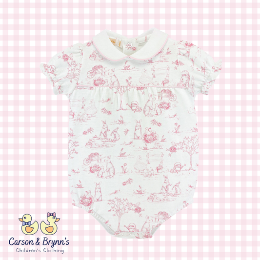 Baby Club Chic Pink Toile Bunnies Bubble with Round Collar