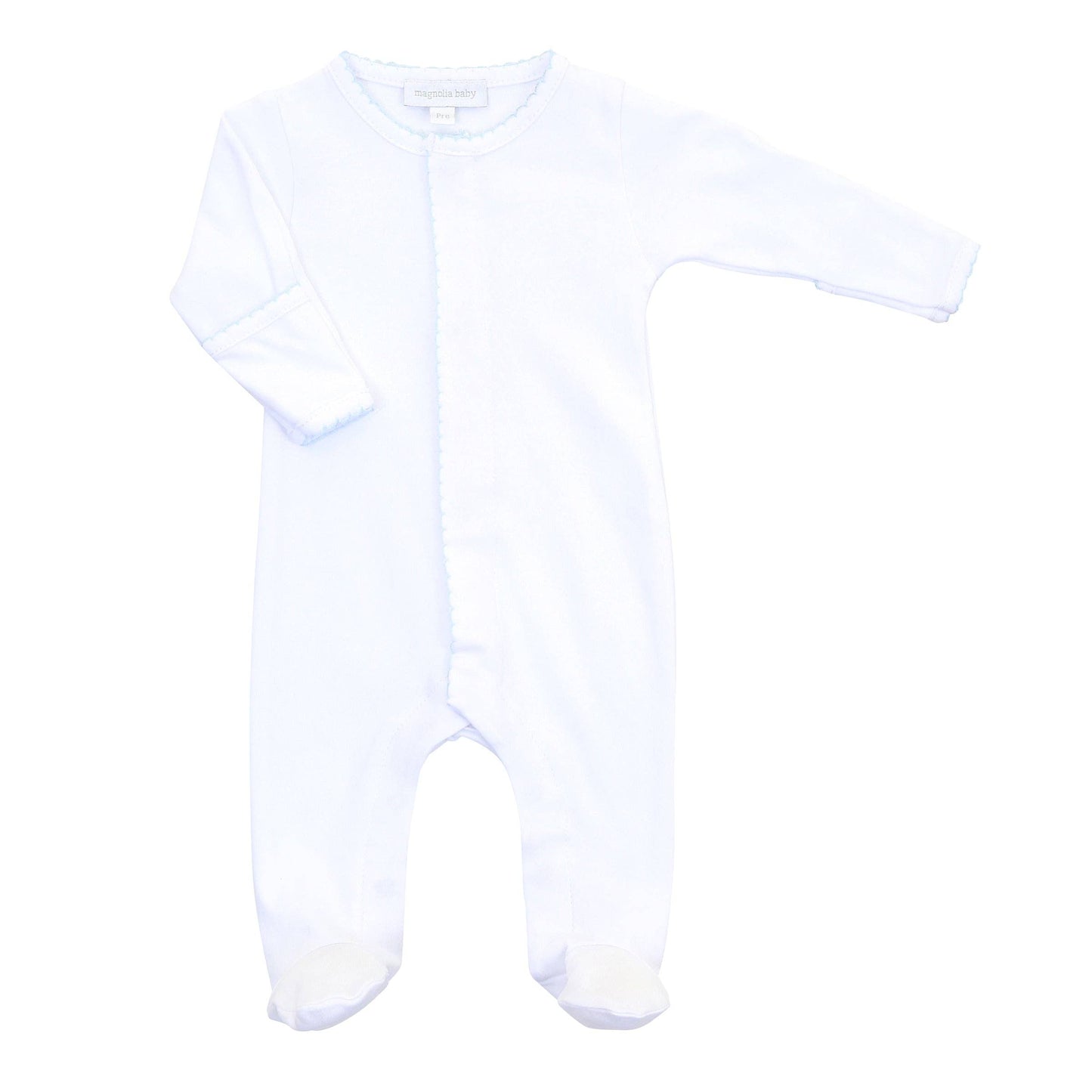Magnolia Baby - Solid Essentials White Footie  with Light Blue Trim