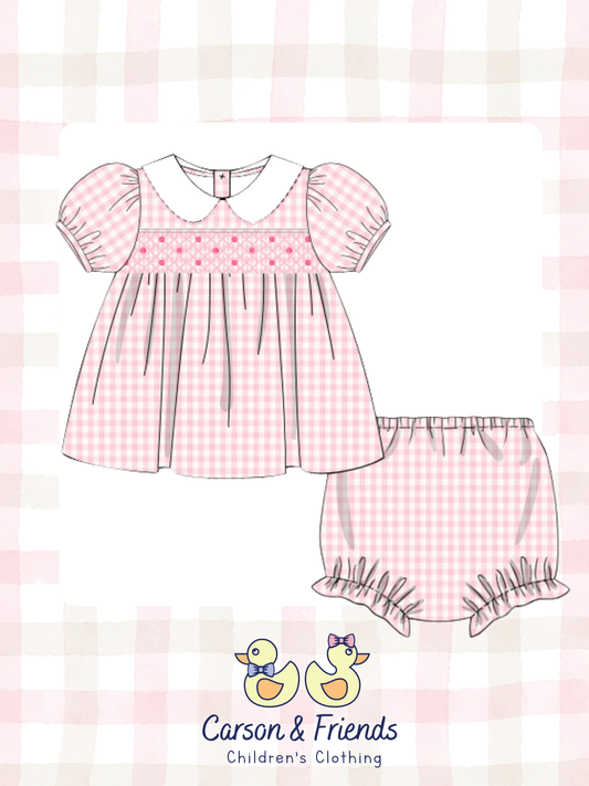 Presale ETA April- Girls Gingham Smocked Diaper Set