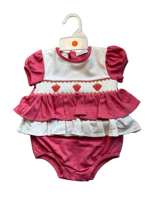 Hug Me First Smocked Strawberry Skirted Bubble