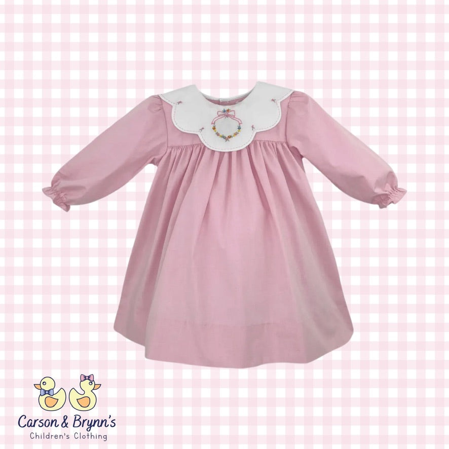 Petit Ami Pink Dress with Wreath Embroidery
