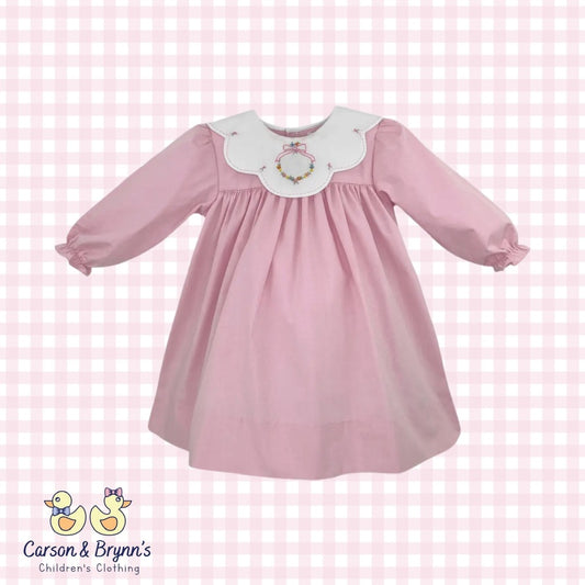 Petit Ami Pink Dress with Wreath Embroidery