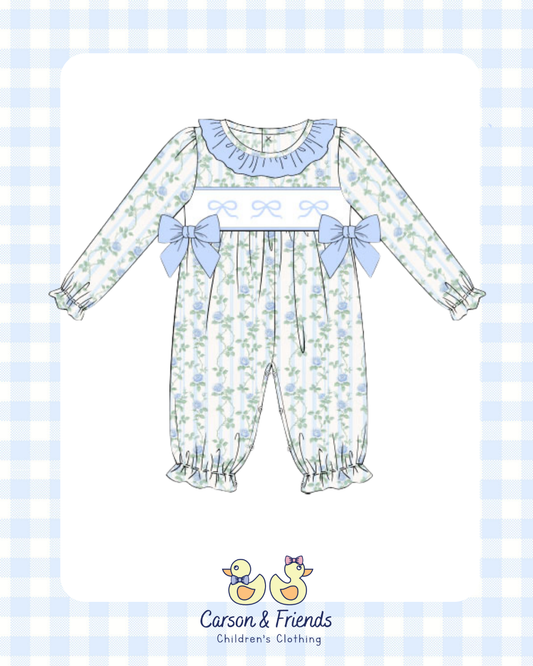 PRESALE ETA NOVEMBER- Carson and Friends Blue Bows Smocked Romper