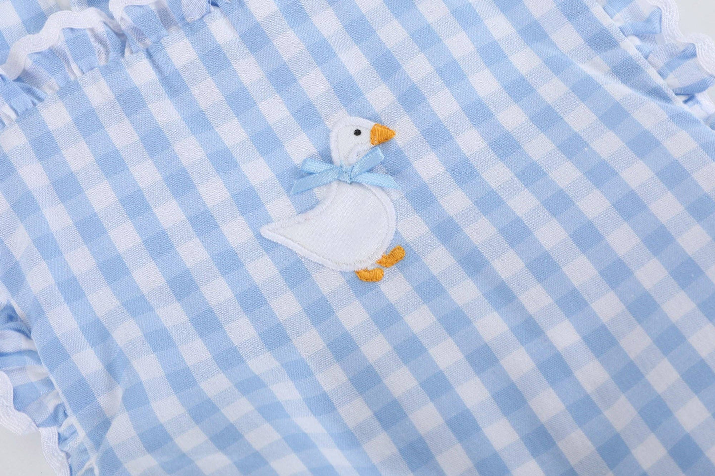 Lil Cactus - Blue Gingham Goose Lace Bow Ruffle Romper