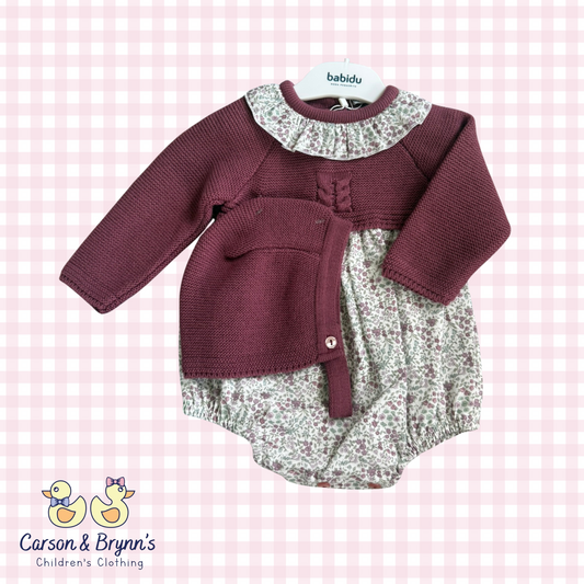 Babidu Floral Bubble and Bonnet Set- Burgandy