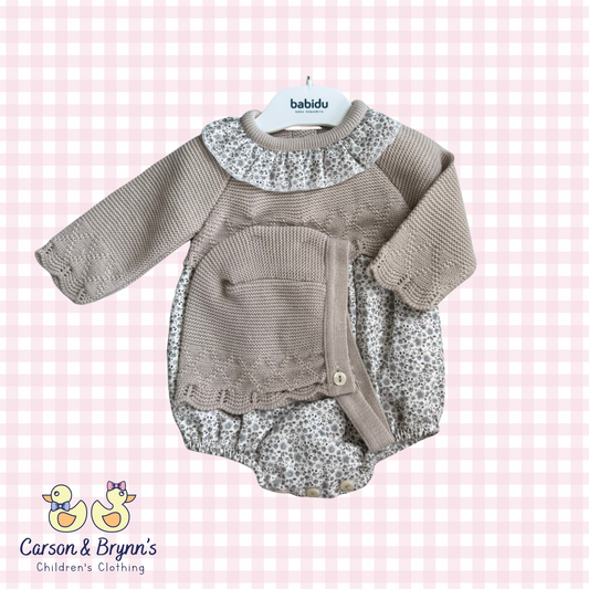 Babidu Floral Bubble and Bonnet Set- Beige