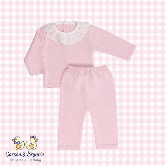 Cotton Knitted Sweater Set with Ruffle Collar- Pink
