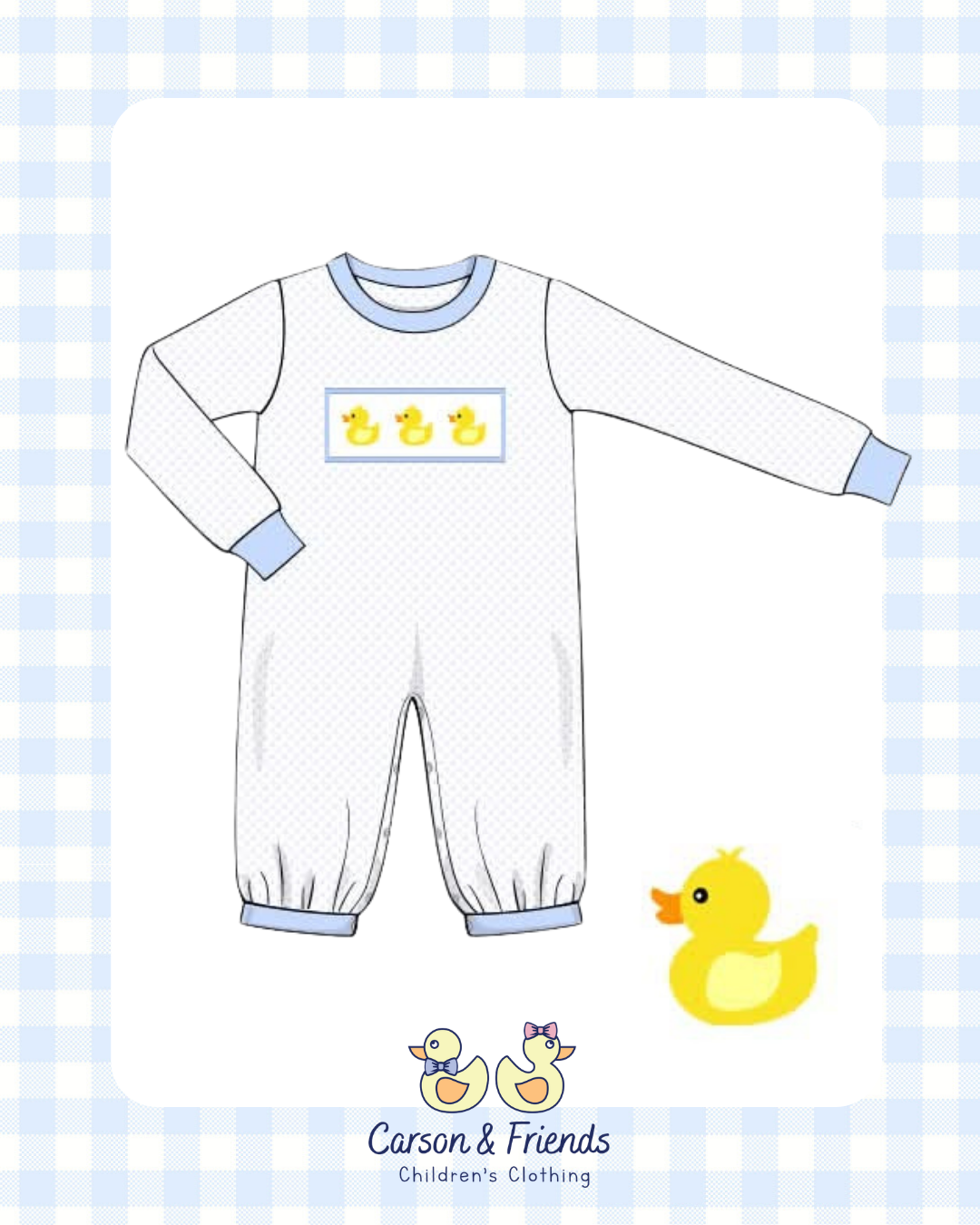 PRESALE ETA NOVEMBER- Carson and Friends Blue Duckies Smocked Romper