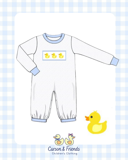 PRESALE ETA NOVEMBER- Carson and Friends Blue Duckies Smocked Romper