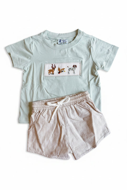 Carson and Friends Hunting Dog Smocked Short Set