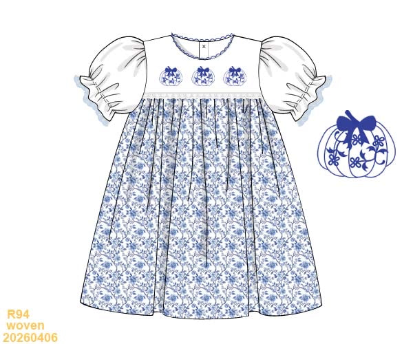 PREORDER ETA LATE AUGUST- Carson and Friends Blue Toile Pumpkins Dress