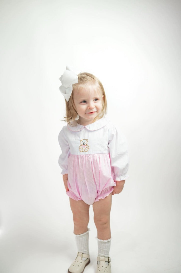 Carson and Friends Hand Embroidered Teddy Bear Bubble- Pink