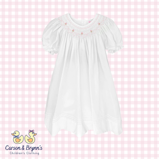 Petit Ami Daygown with Smocking and Pearls- White