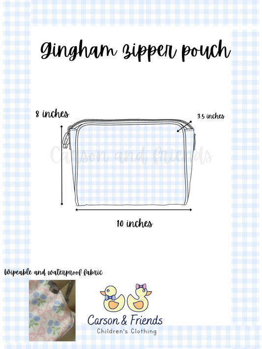 PREORDER ETA JULY 
Carson and Friends Zipper Pouch- Baby Blue Gingham