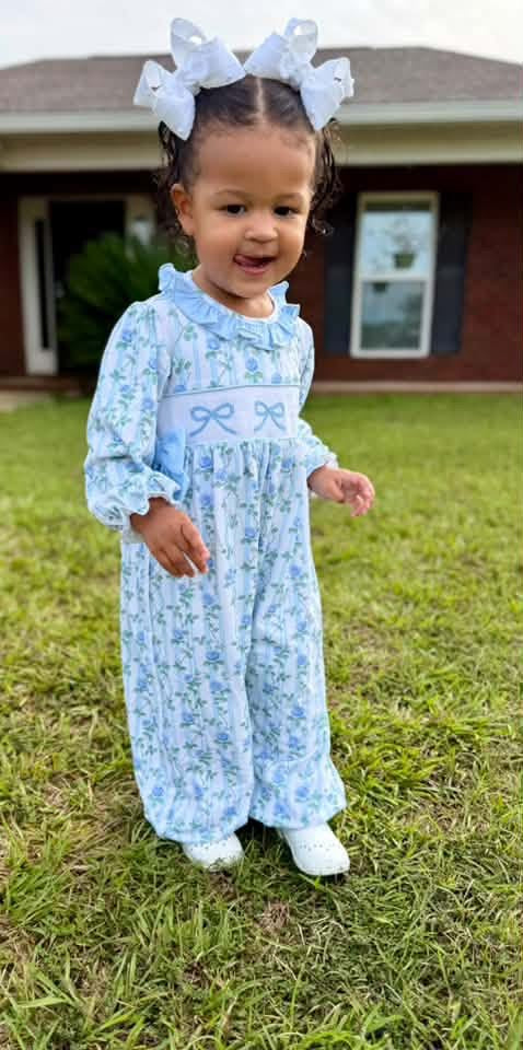 Carson and Friends Blue Bows and Roses Smocked Romper