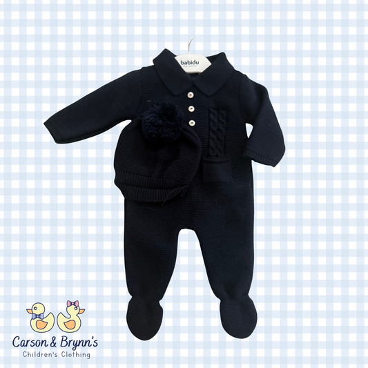 Babidu Navy Knit Set with Bonnet