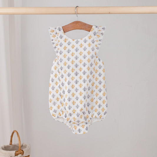 Nola Tawk Black and Gold Fleur de Lis Organic Muslin Bubble Romper