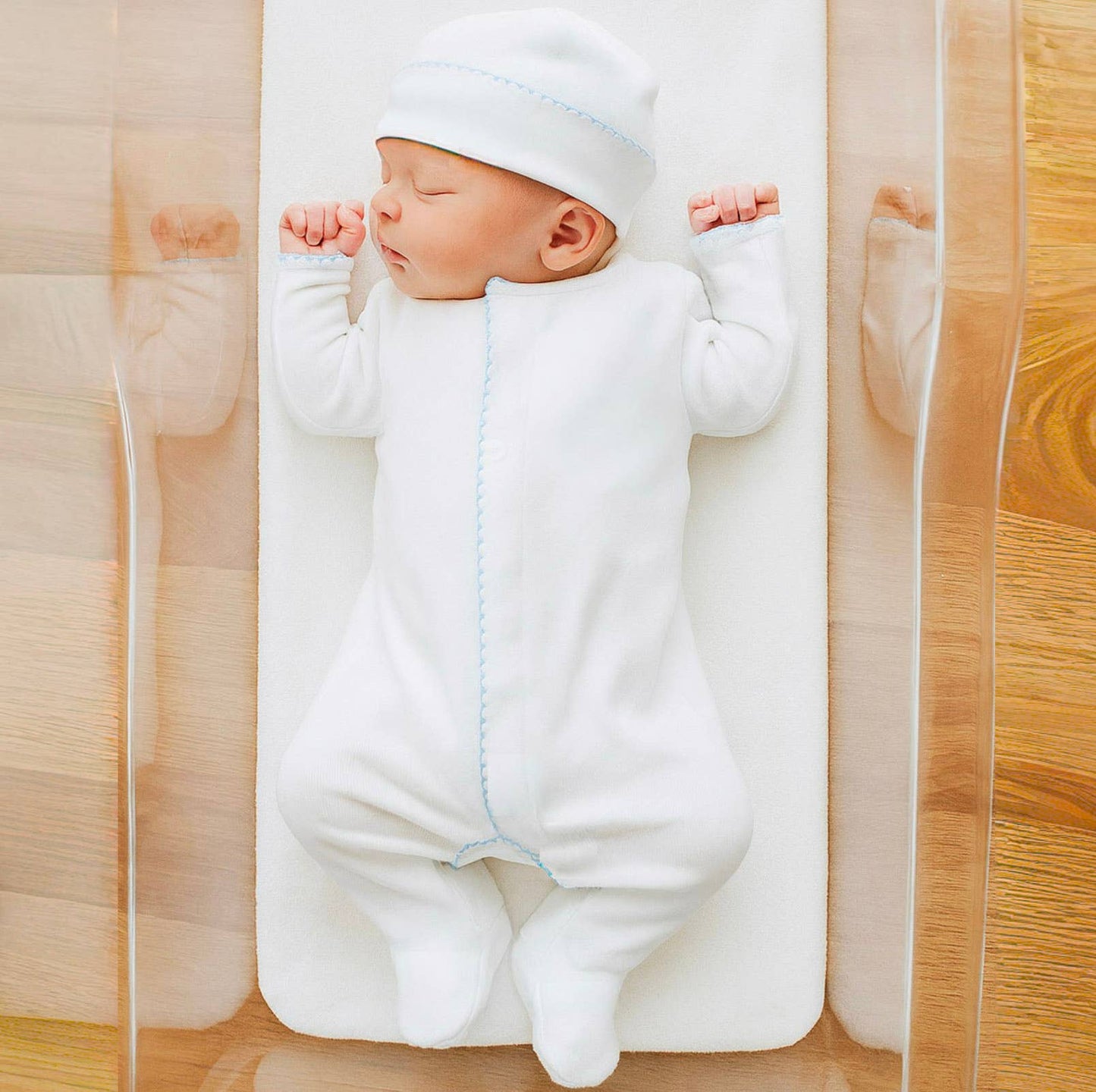 Magnolia Baby - Solid Essentials White Footie  with Light Blue Trim