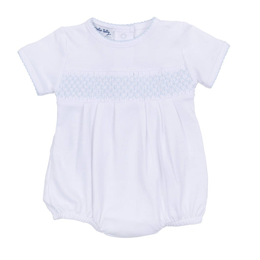 Magnolia Baby - Essentials Solid Smocked Bubble - White Blue
